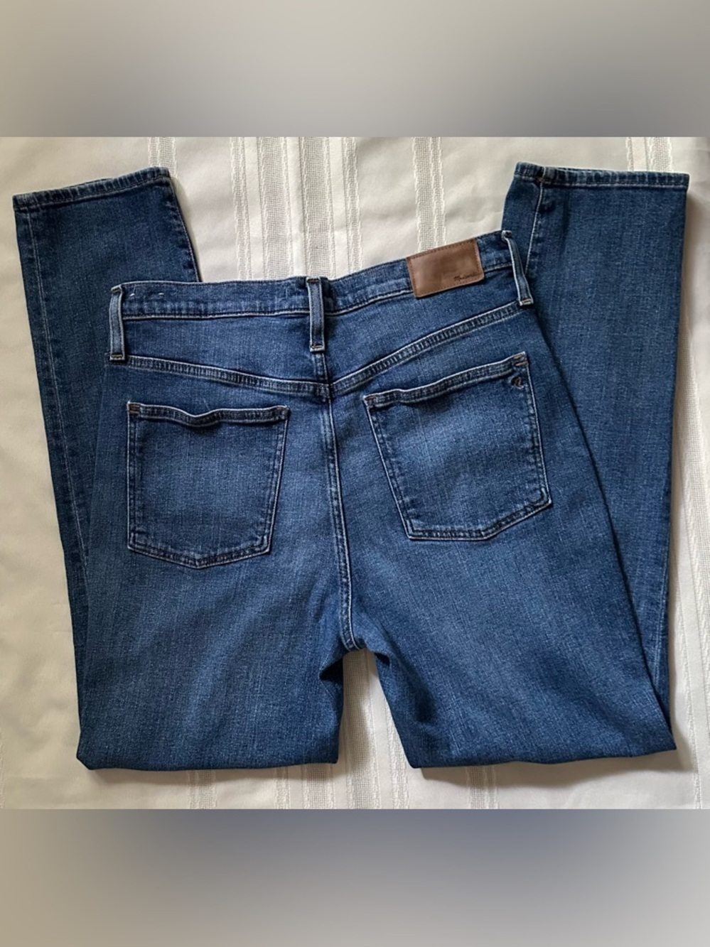 Madewell The Hise Rise Slim Boyjean In Medium Blue Strech Denim with Brown Patch
